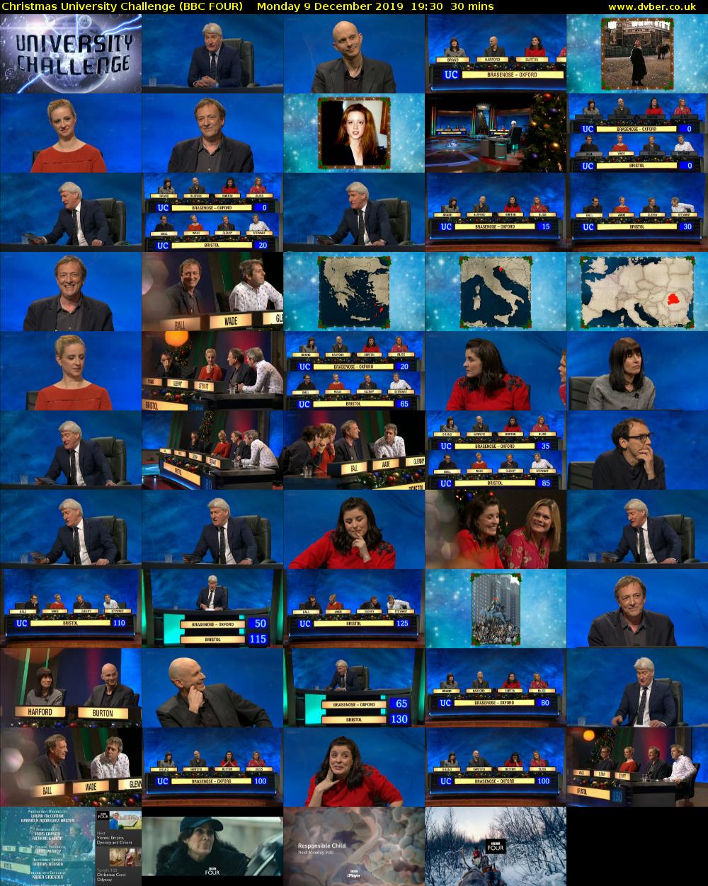 Christmas University Challenge (BBC FOUR) Monday 9 December 2019 19:30 - 20:00