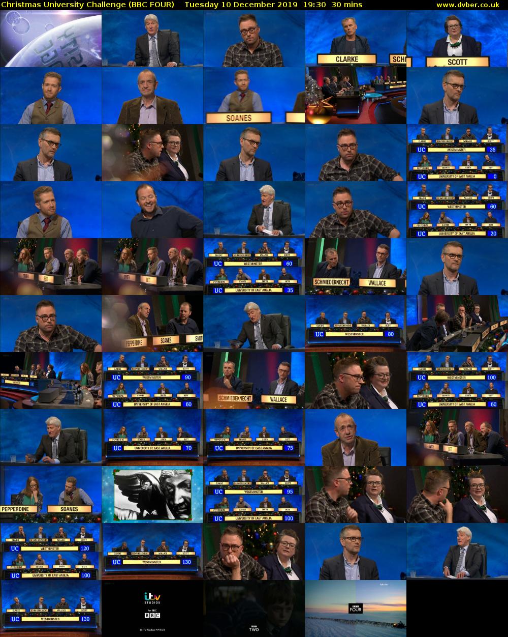 Christmas University Challenge (BBC FOUR) Tuesday 10 December 2019 19:30 - 20:00