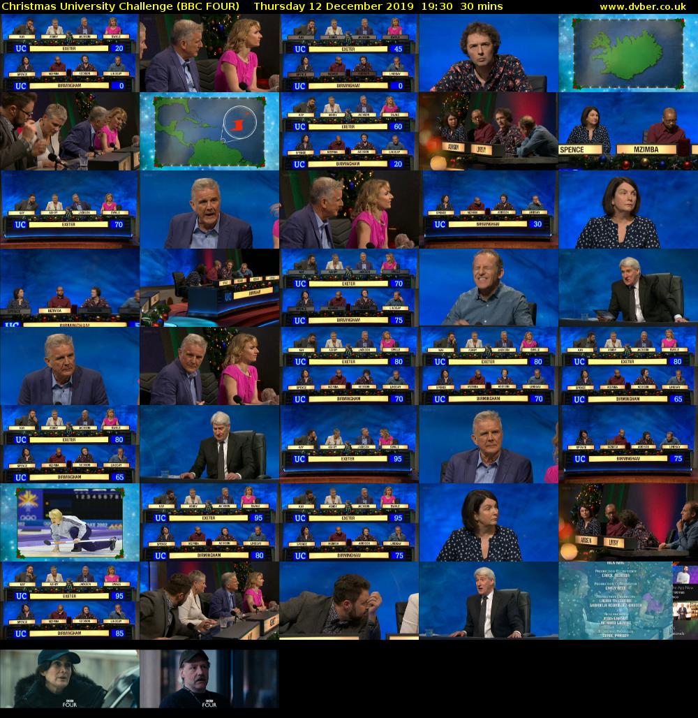 Christmas University Challenge (BBC FOUR) Thursday 12 December 2019 19:30 - 20:00