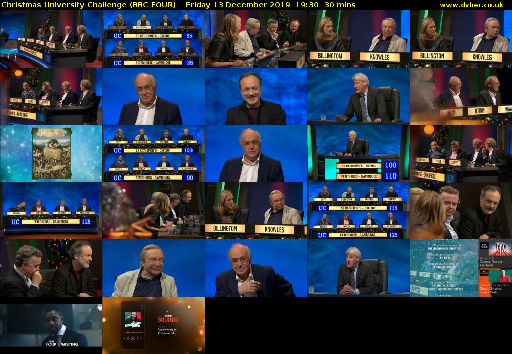 Christmas University Challenge (BBC FOUR) Friday 13 December 2019 19:30 - 20:00