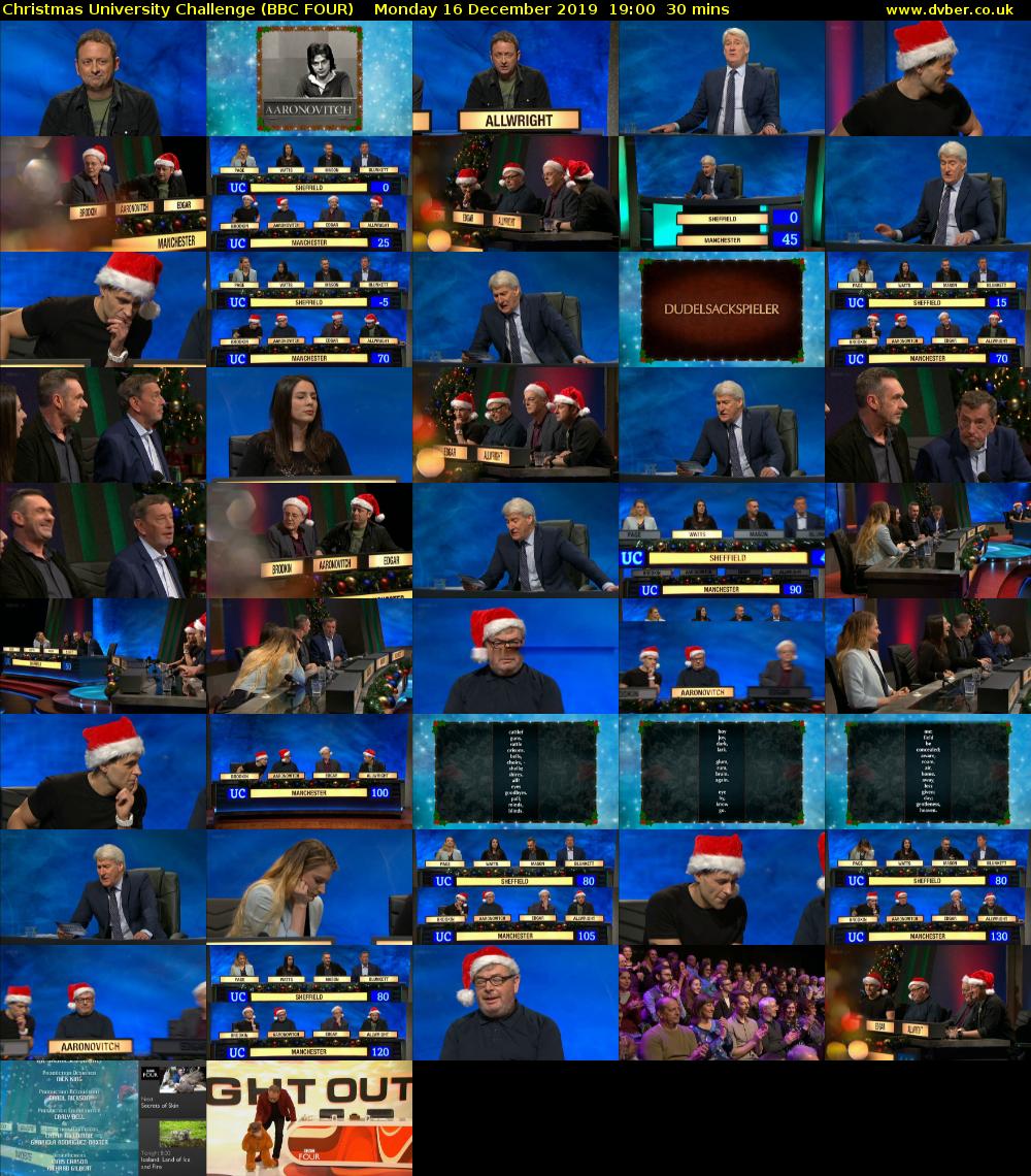 Christmas University Challenge (BBC FOUR) Monday 16 December 2019 19:00 - 19:30