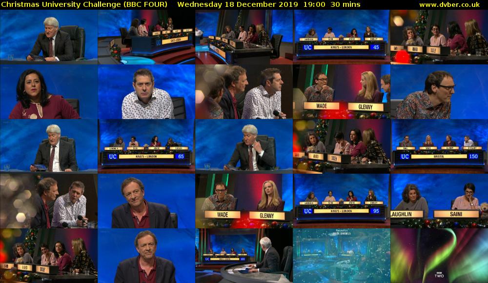 Christmas University Challenge (BBC FOUR) Wednesday 18 December 2019 19:00 - 19:30