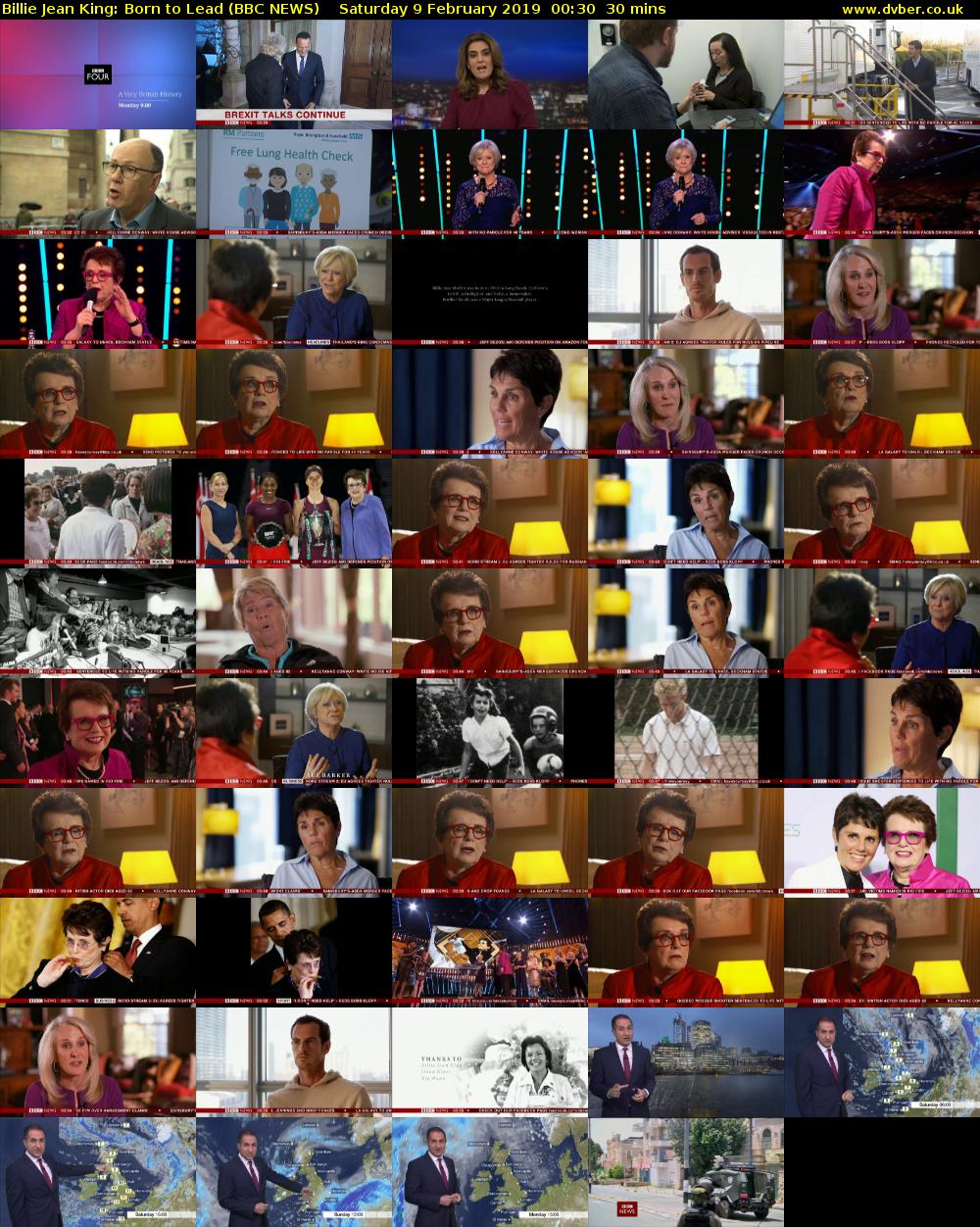 Billie Jean King: Born to Lead (BBC NEWS) Saturday 9 February 2019 00:30 - 01:00