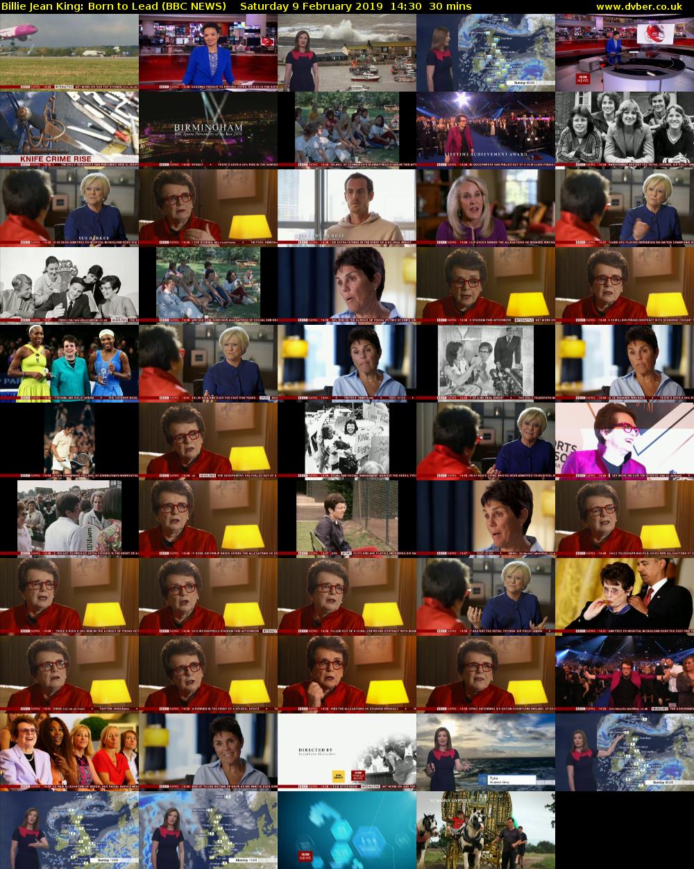 Billie Jean King: Born to Lead (BBC NEWS) Saturday 9 February 2019 14:30 - 15:00
