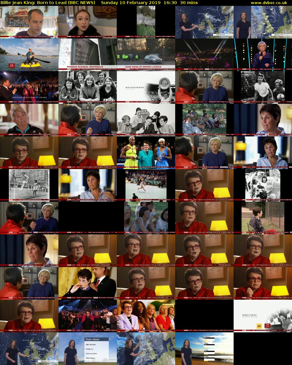 Billie Jean King: Born to Lead (BBC NEWS) Sunday 10 February 2019 16:30 - 17:00