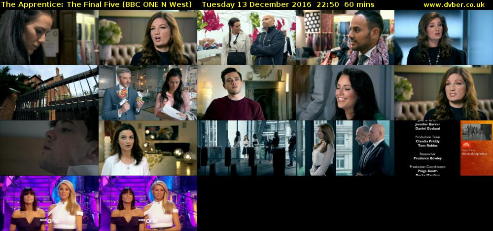 The Apprentice: The Final Five (BBC ONE N West) Tuesday 13 December 2016 22:50 - 23:50