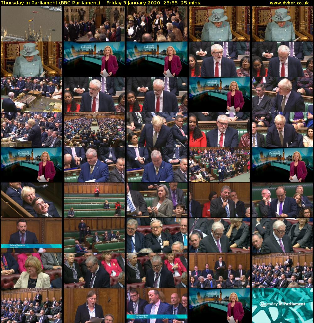 Thursday in Parliament (BBC Parliament) Friday 3 January 2020 23:55 - 00:20
