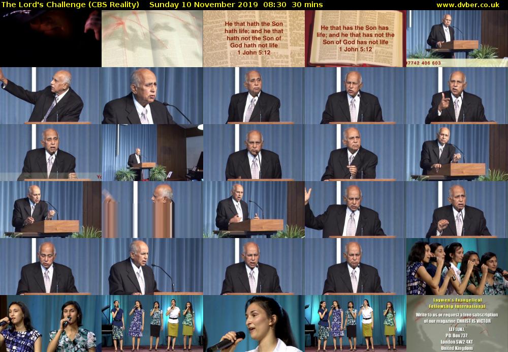 The Lord's Challenge (CBS Reality) Sunday 10 November 2019 08:30 - 09:00
