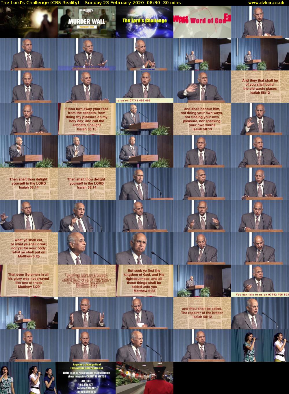 The Lord's Challenge (CBS Reality) Sunday 23 February 2020 08:30 - 09:00