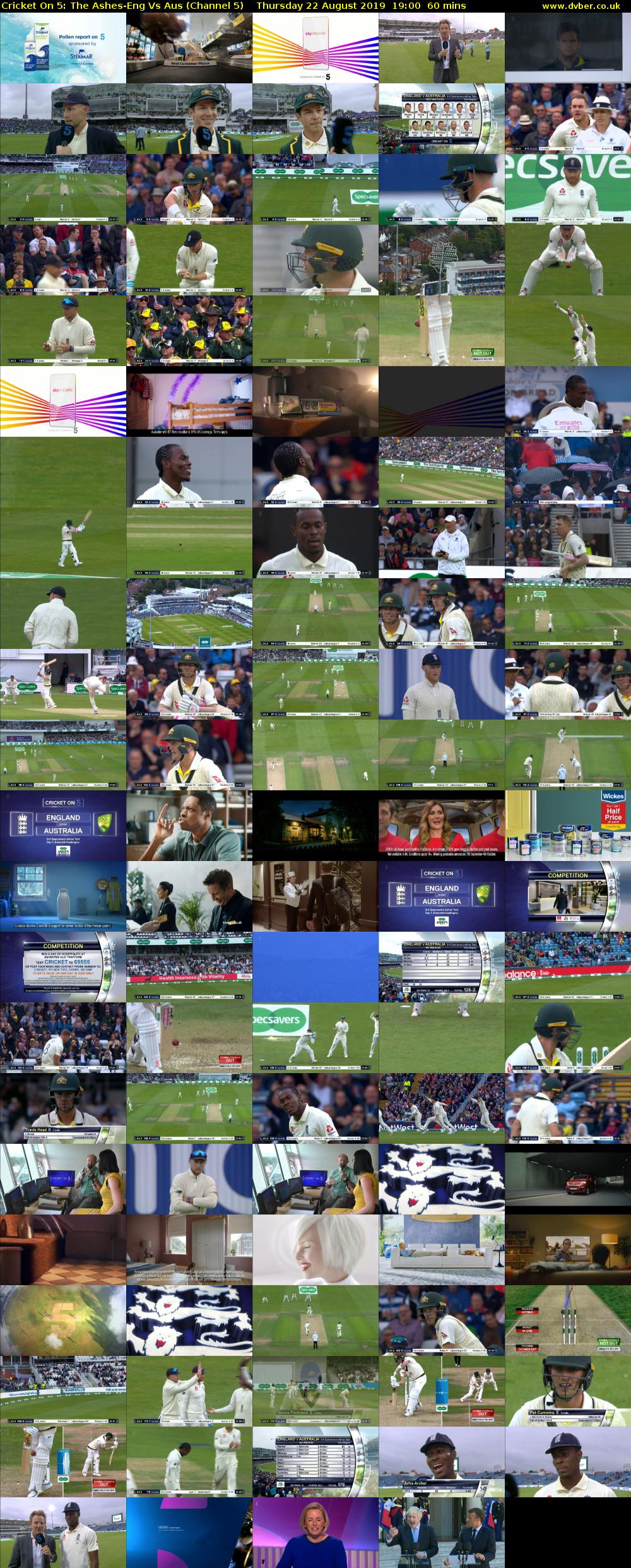 Cricket On 5: The Ashes-Eng Vs Aus (Channel 5) Thursday 22 August 2019 19:00 - 20:00
