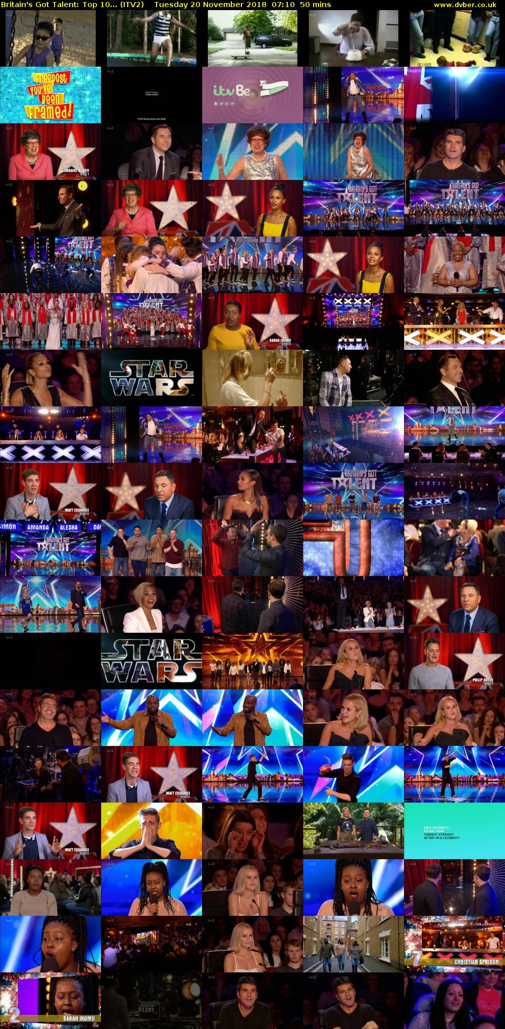 Britain's Got Talent: Top 10... (ITV2) Tuesday 20 November 2018 07:10 - 08:00