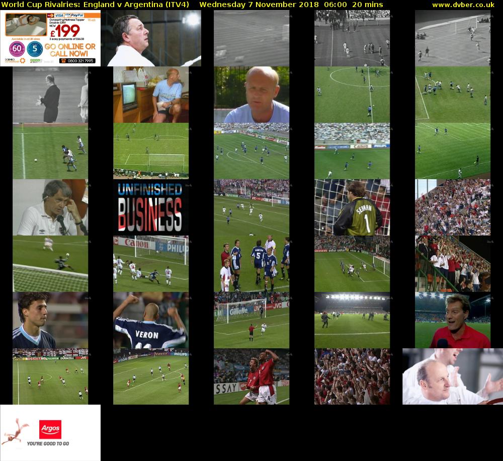 World Cup Rivalries: England v Argentina (ITV4) Wednesday 7 November 2018 06:00 - 06:20