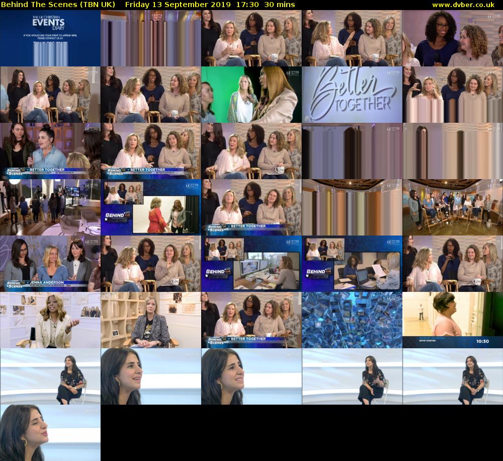 Behind The Scenes (TBN UK) Friday 13 September 2019 17:30 - 18:00